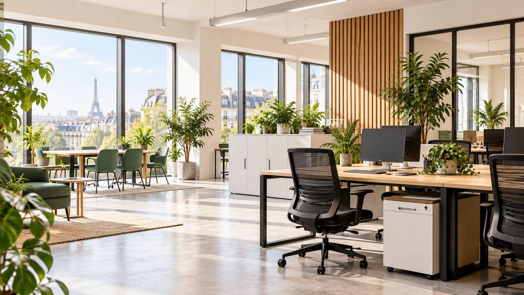 Open space parisien aménagé avec du mobilier de bureau d'occasion
