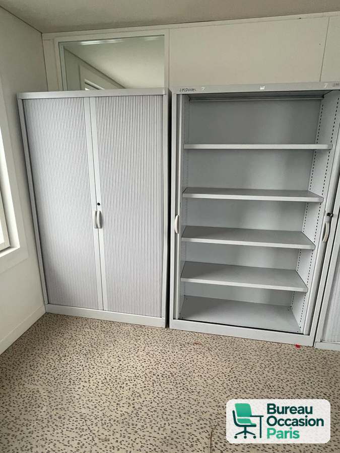 Armoire haute métallique à rideaux – gris alu, 5 tablettes, serrure