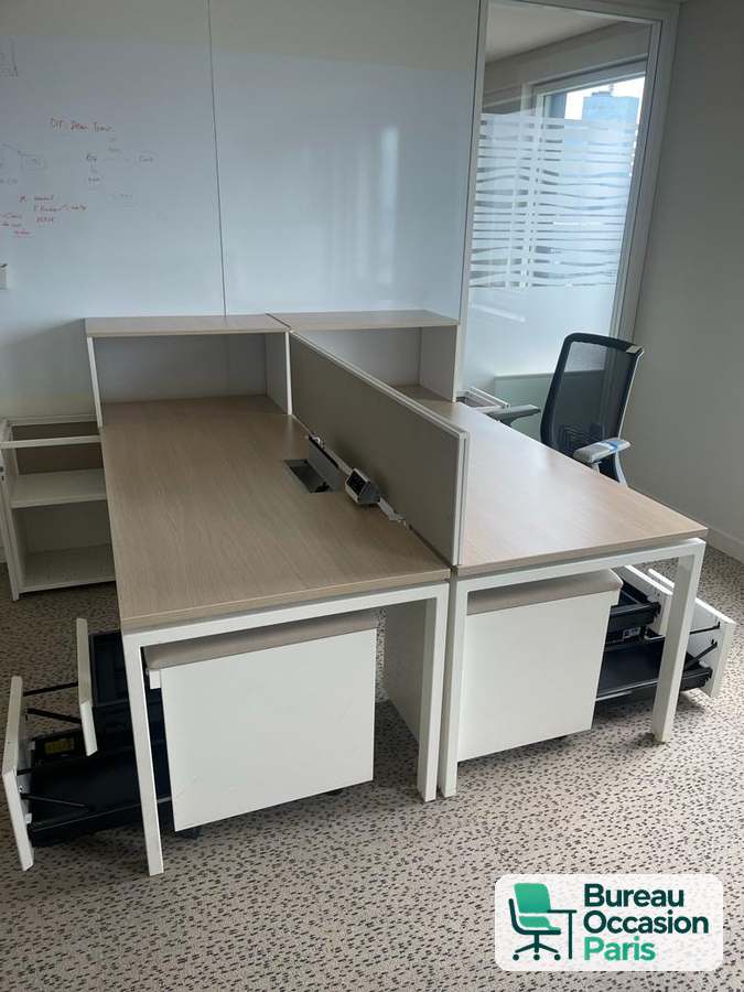 Bench 2 postes face à face – chêne clair, écran tissu gris, caissons