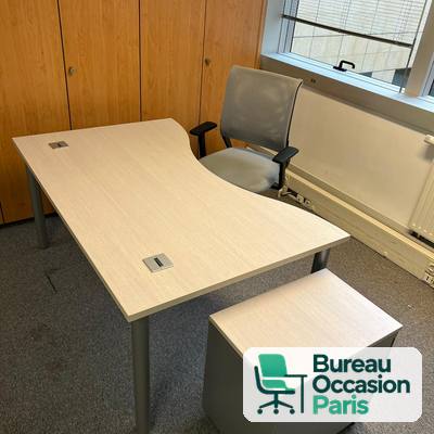 Bureau à plateau vague bois clair – caisson métal gris inclus, top access
