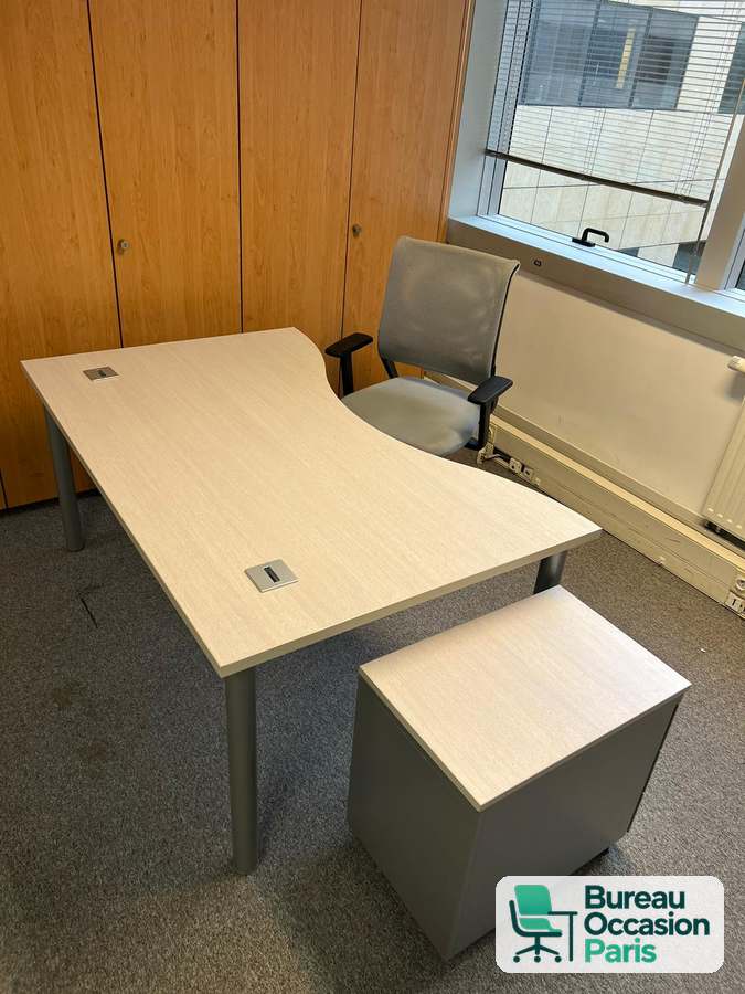 Bureau à plateau vague bois clair – caisson métal gris inclus, top access