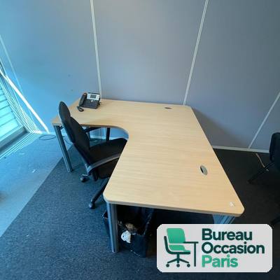 Bureau d'angle hêtre clair sur piètement métal gris