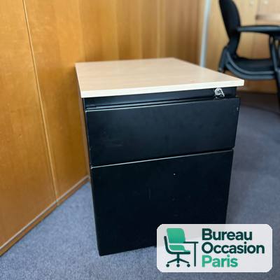 Caisson de bureau métal noir, dessus bois clair, 2 tiroirs à clé