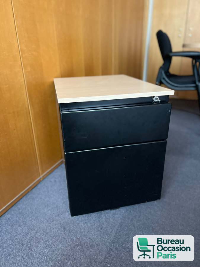 Caisson de bureau métal noir, dessus bois clair, 2 tiroirs à clé