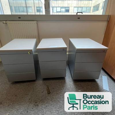 Caisson mobile métal gris 3 tiroirs – dossiers suspendus, serrure à clé