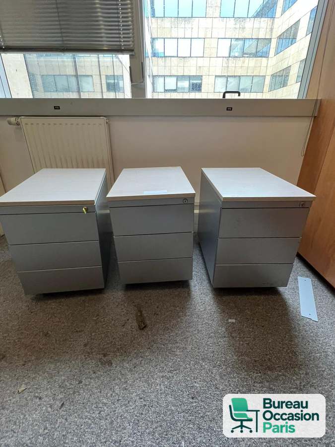 Caisson mobile métal gris 3 tiroirs – dossiers suspendus, serrure à clé