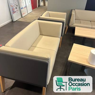 Canapé d'accueil 2 places simili cuir beige – coque grise, pieds bois