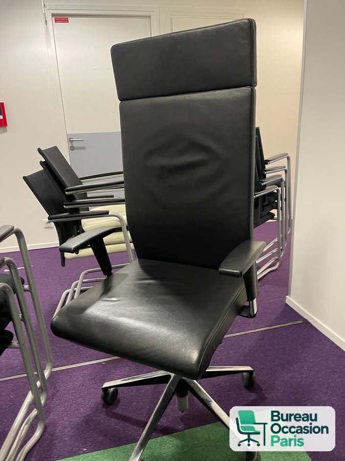 Fauteuil de direction cuir noir – dossier haut, appui-tête intégré
