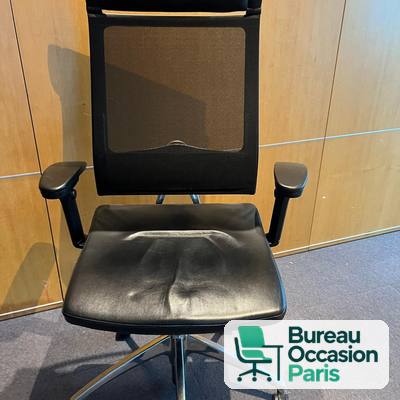 Fauteuil de direction résille et cuir noir – têtière, base alu poli