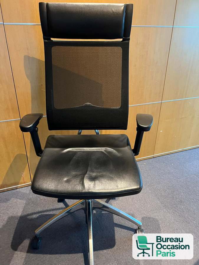 Fauteuil de direction résille et cuir noir – têtière, base alu poli
