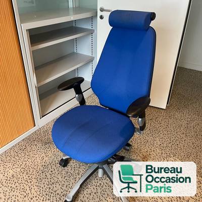 Fauteuil ergonomique tissu bleu – haut dossier, appui-tête réglable