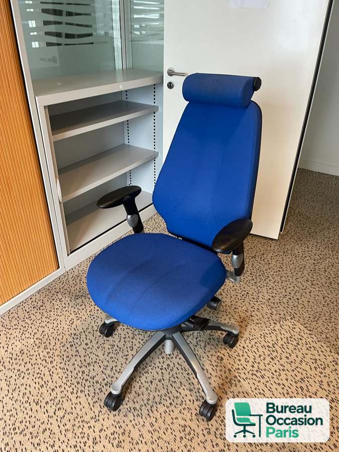 Fauteuil ergonomique tissu bleu – haut dossier, appui-tête réglable