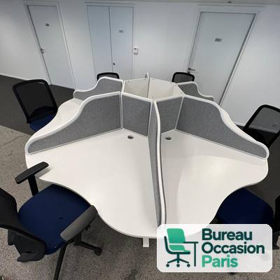 Îlot de travail en étoile pour 6 postes – plateau blanc, cloisons grises