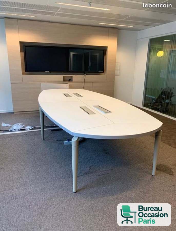 Table de conférence tonneau blanche modulaire – trappes passe-câbles