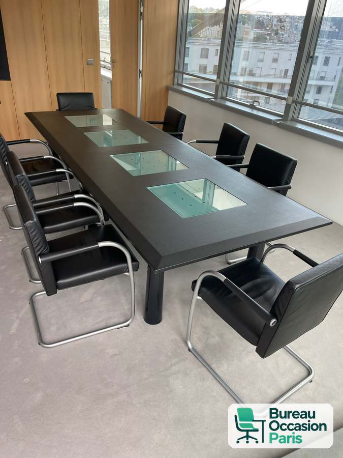 Table de direction noire à inserts de verre – 8 à 10 places, design