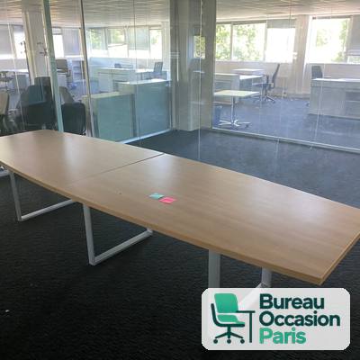 Table de réunion 10 personnes tonneau chêne sur piètement cadre blanc