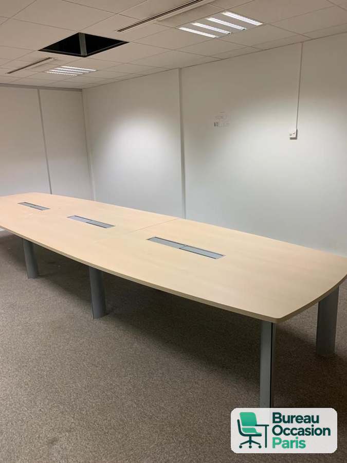 Table de réunion 12-14 places en tonneau érable, modulaire, pieds gris