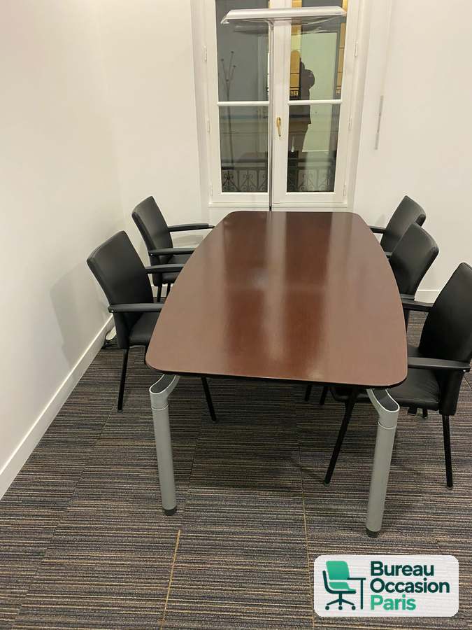 Table de réunion 6 places en tonneau acajou brillant, pieds gris