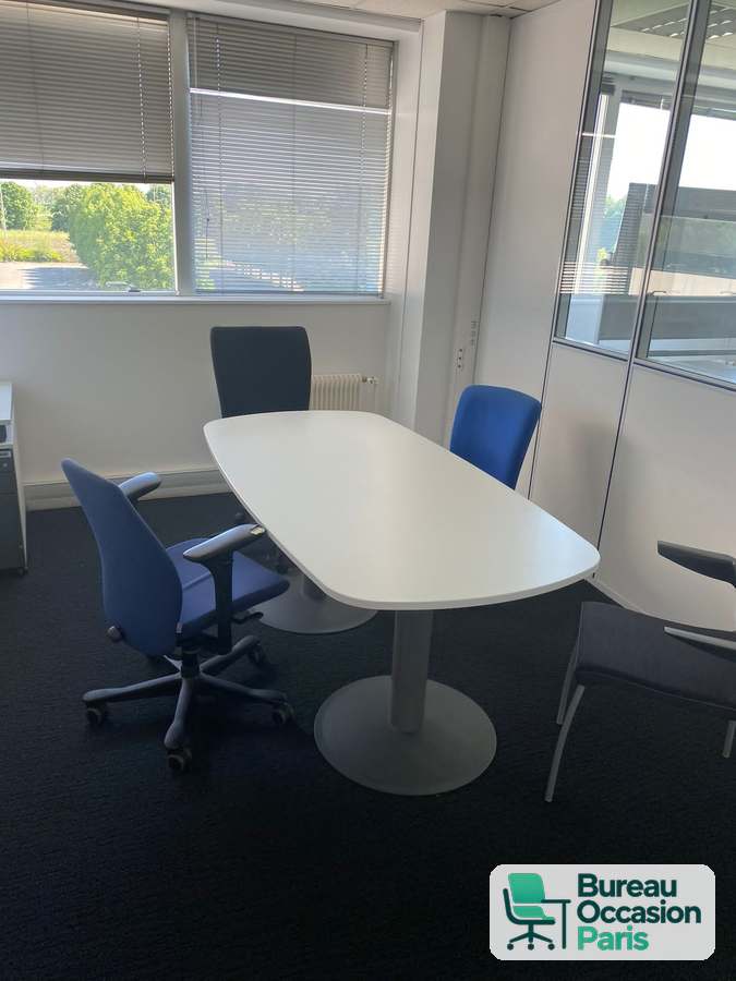 Table de réunion ovale 4-6 places, plateau blanc sur pied central gris