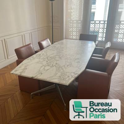 Table de réunion tonneau 6-8 places – marbre blanc veiné, pied aluminium