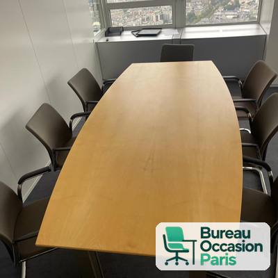 Table de réunion tonneau 8 personnes, plateau hêtre et pieds foncés