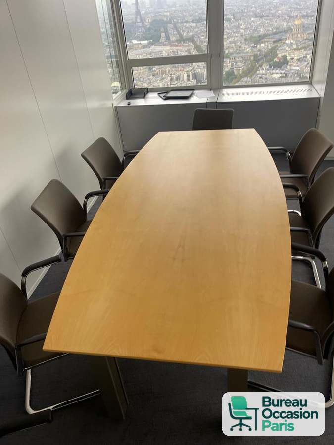 Table de réunion tonneau 8 personnes, plateau hêtre et pieds foncés