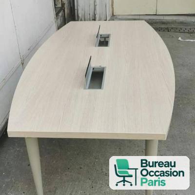 Table de réunion tonneau chêne blanchi, 2 trappes et pieds fuselés