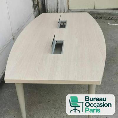 Table de réunion tonneau chêne blanchi – 2 trappes, pieds fuselés