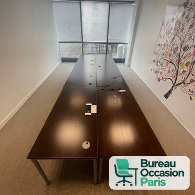 Table de réunion wengé 8 à 10 places, trappes et piètement métal