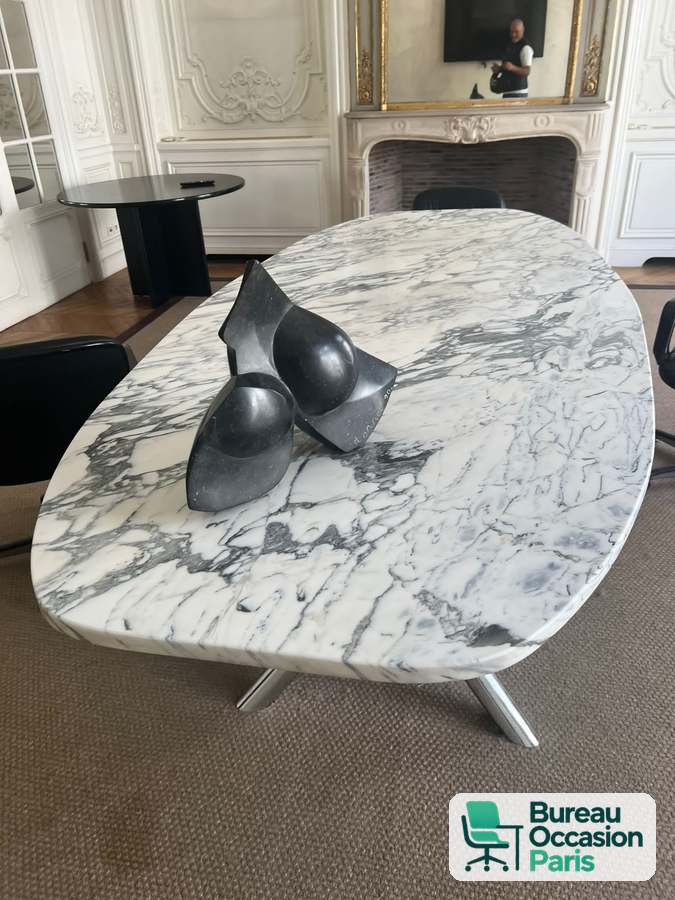 Table ovale 6 places – plateau marbre blanc veiné gris, pied étoile