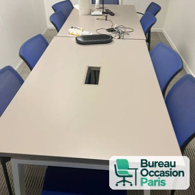Table rectangulaire 8 places – blanc cassé, trappe et piètement blanc