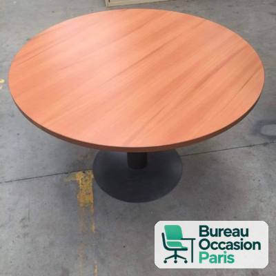 Table ronde 4 places plateau merisier, pied central et platine noirs