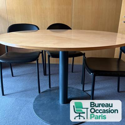 Table ronde de réunion plateau érable – pied colonne et socle noirs