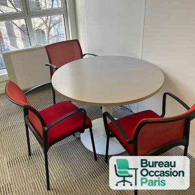 Table ronde tout blanc – plateau et pied central blancs, 4 places