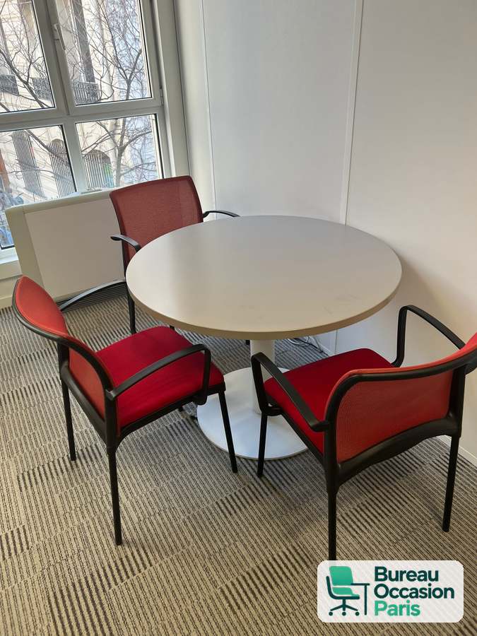 Table ronde tout blanc – plateau et pied central blancs, 4 places